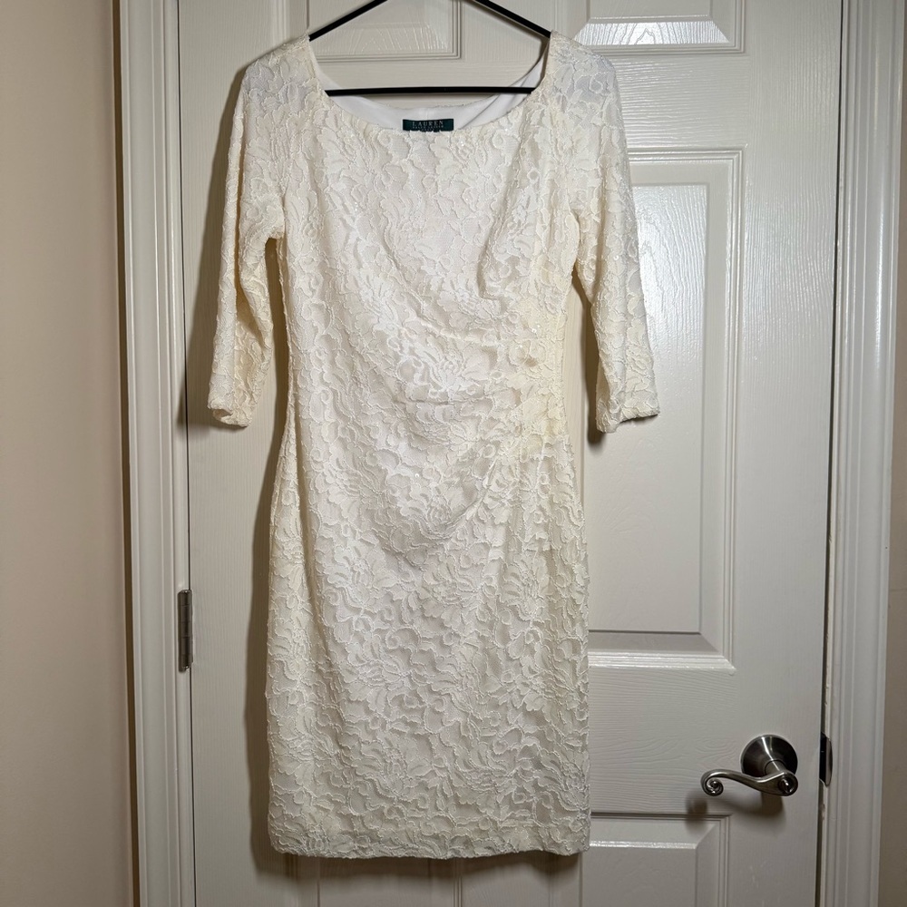 Lauren Ralph Lauren Cream Lace Long Sleeve Dress Size 4 - Picture 1 of 8